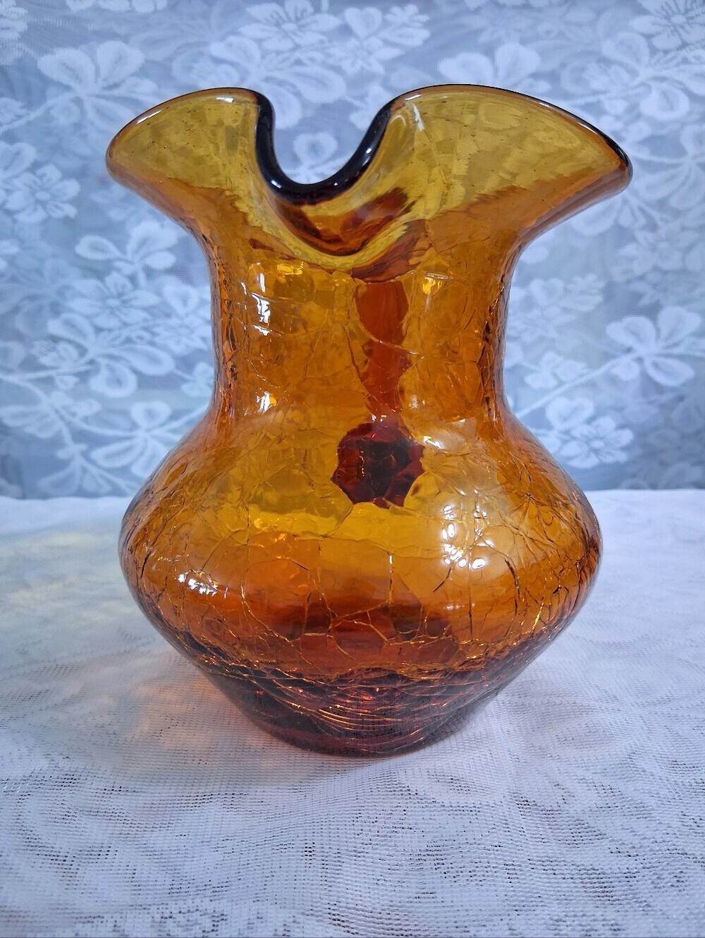 Vintage Mid-Century Amber Art Glass Pitcher Crackle Finish Medium Size MCM - Picture 11 of 16